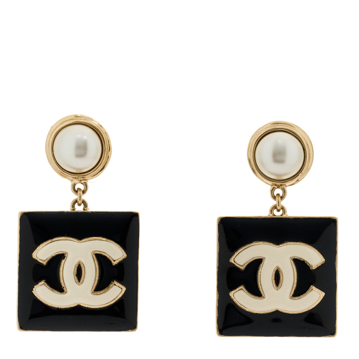 Metal Enamel Pearl Square CC Drop Earrings Gold Black White