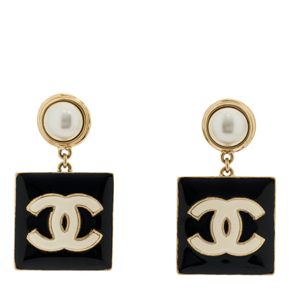 Chanel Metal Enamel Pearl Square CC Drop Earrings Gold Black White 1 of 5