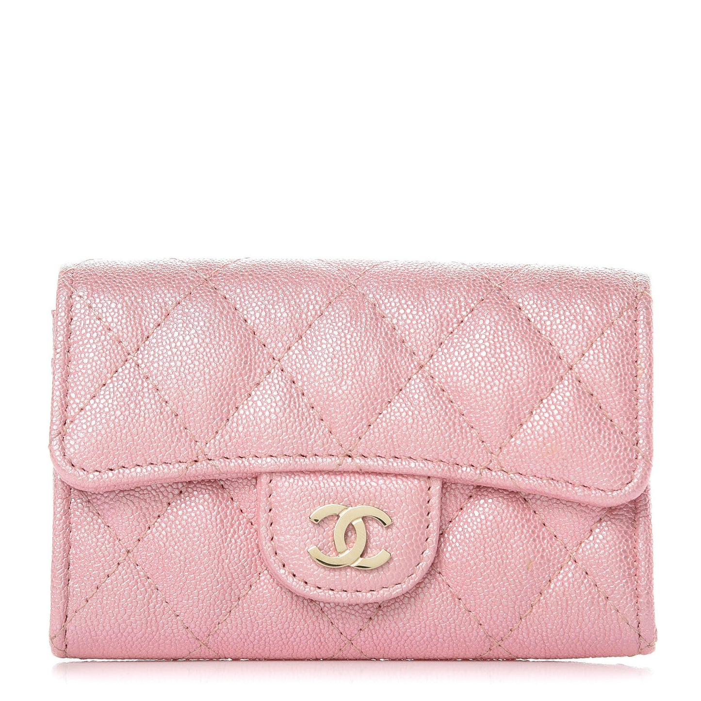 Iridescent Caviar Quilted Flap Card Holder Rose Pink