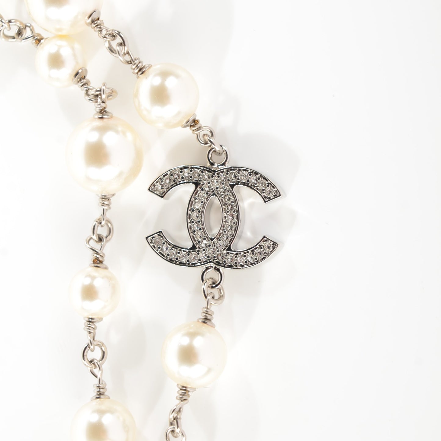Crystal Pearl CC Long Necklace Silver