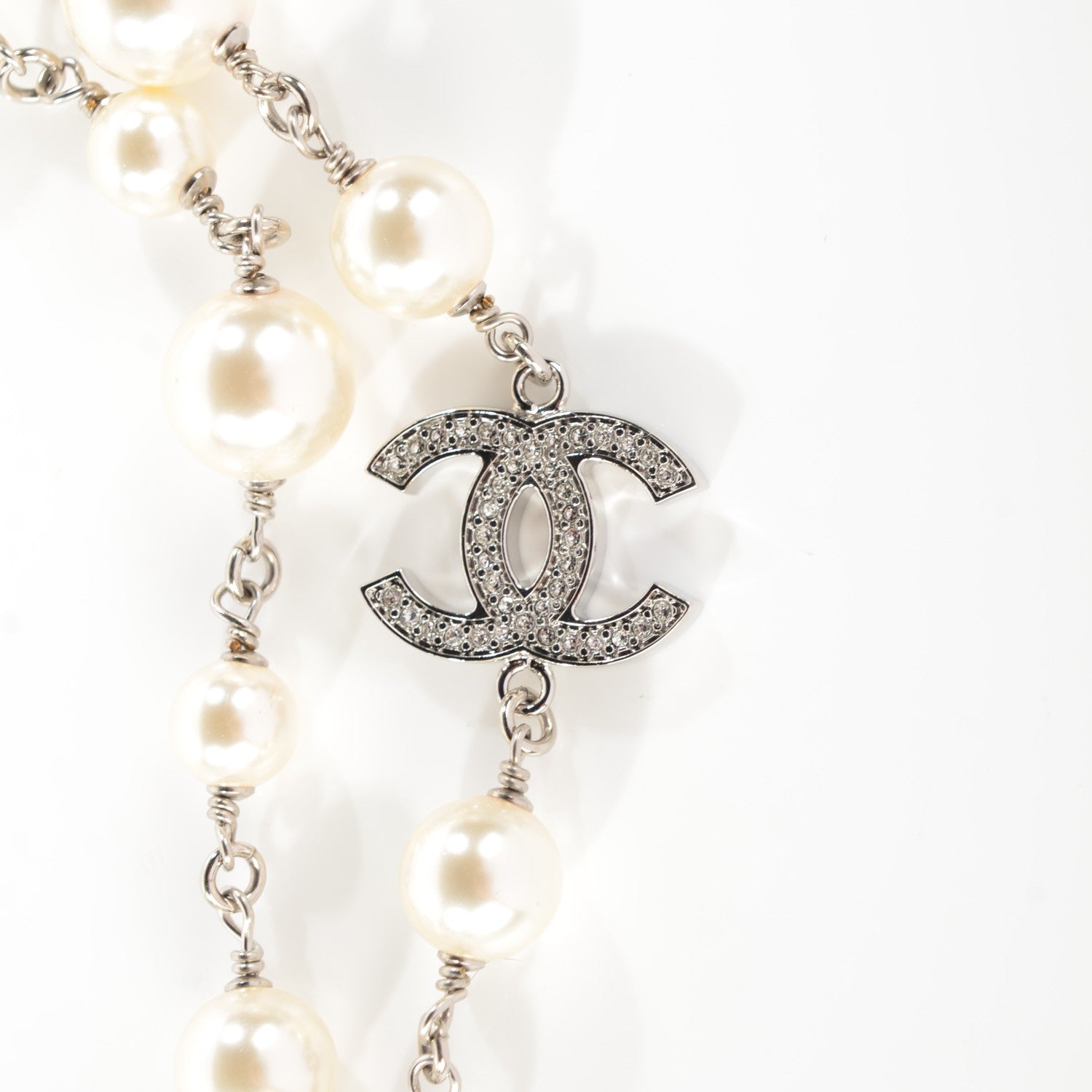 Chanel Crystal Pearl CC Long Necklace Silver 3 of 6