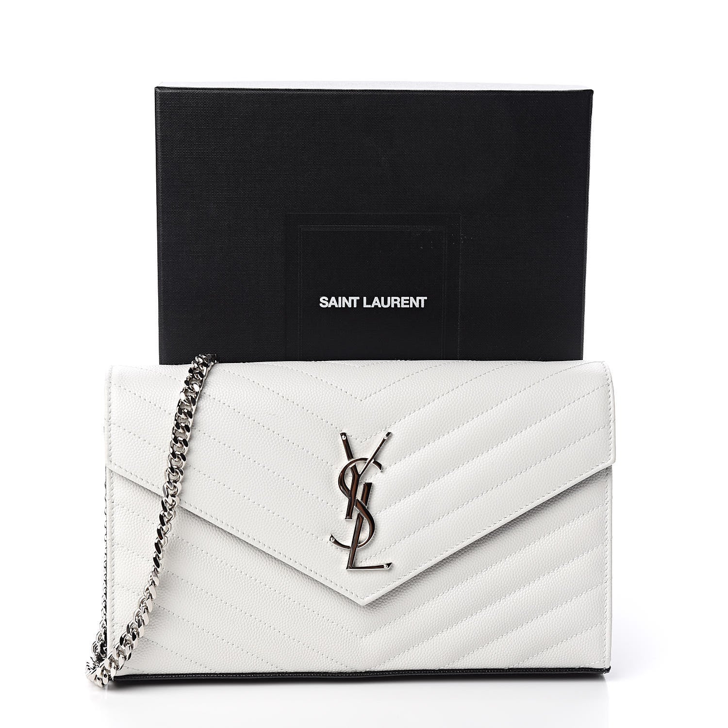 Saint Laurent Grain De Poudre Matelasse Bi-Color Chevron Monogram Chain Wallet White Black 10 of 10