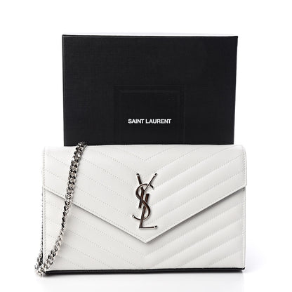 Saint Laurent Grain De Poudre Matelasse Bi-Color Chevron Monogram Chain Wallet White Black 10 of 10