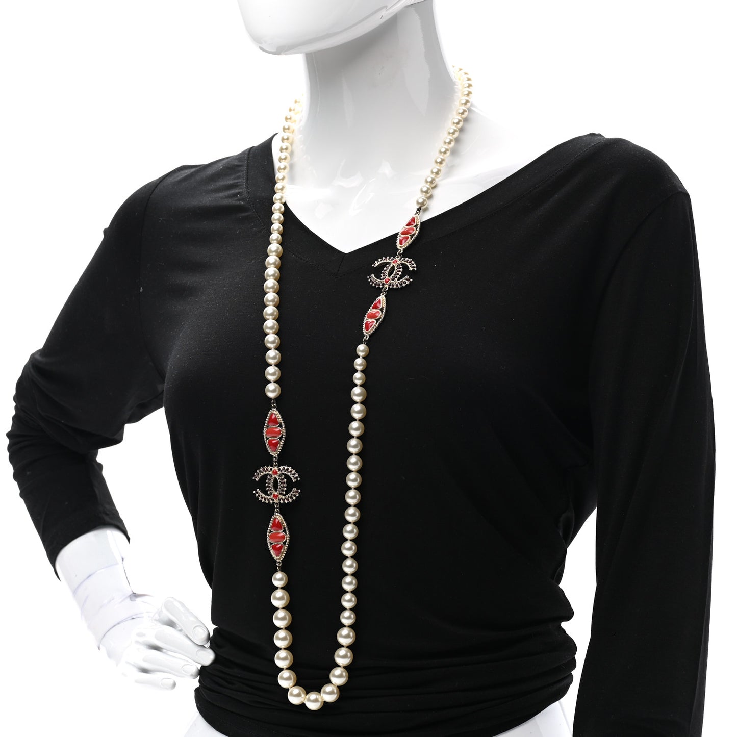 Pearl Gripoix CC Long Strand Necklace Gold Red