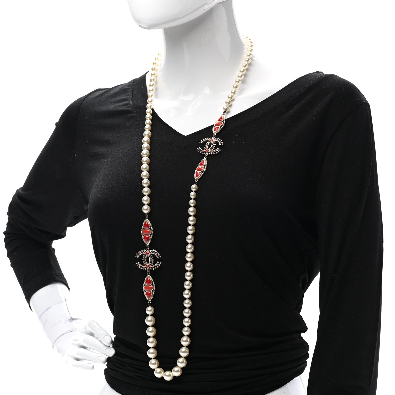 Chanel Pearl Gripoix CC Long Strand Necklace Gold Red 2 of 6
