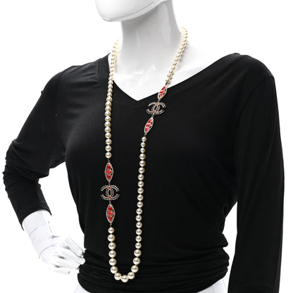 Chanel Pearl Gripoix CC Long Strand Necklace Gold Red 2 of 6