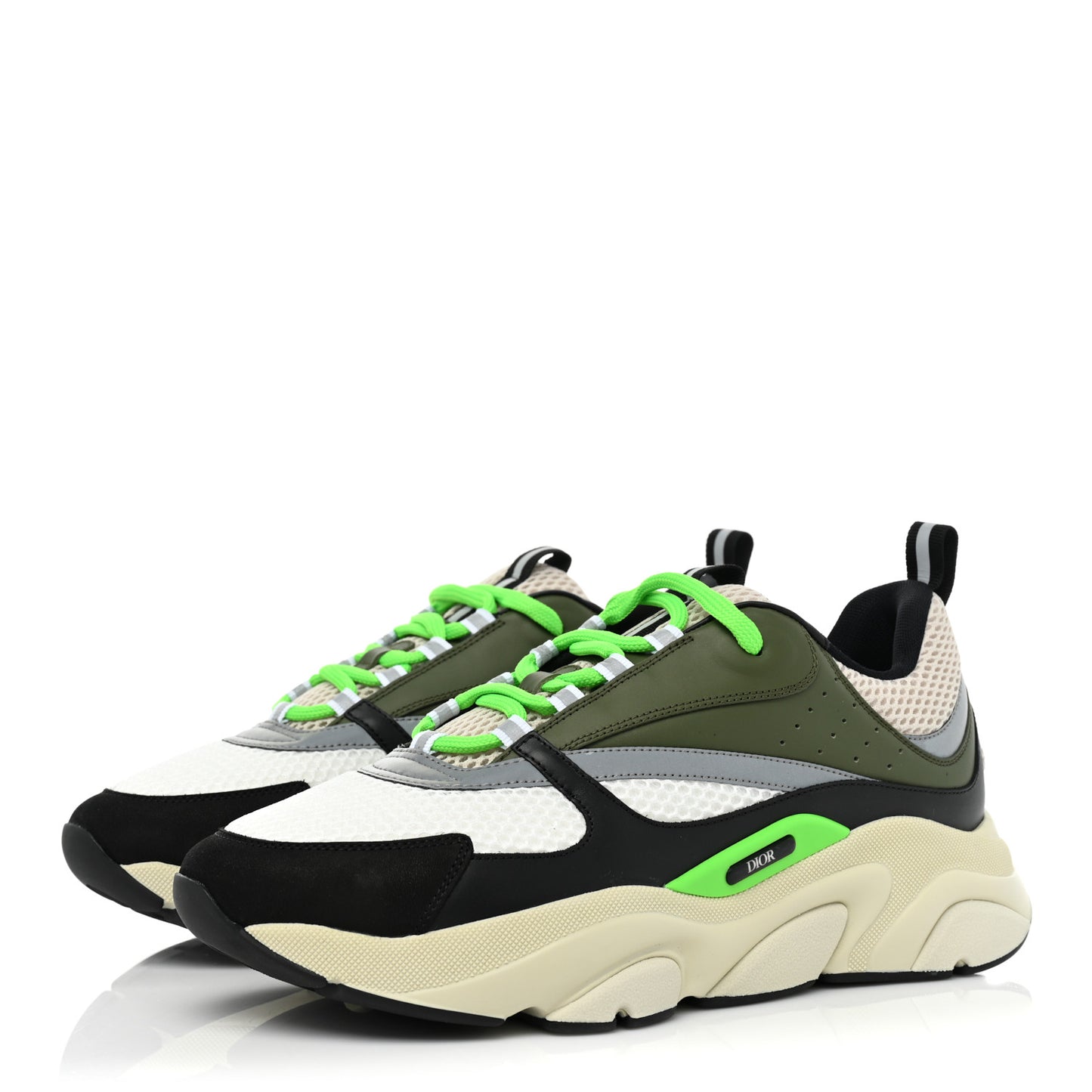 Technical Mesh Calfskin Mens B22 Sneakers 44 Olive Green Black Grey White