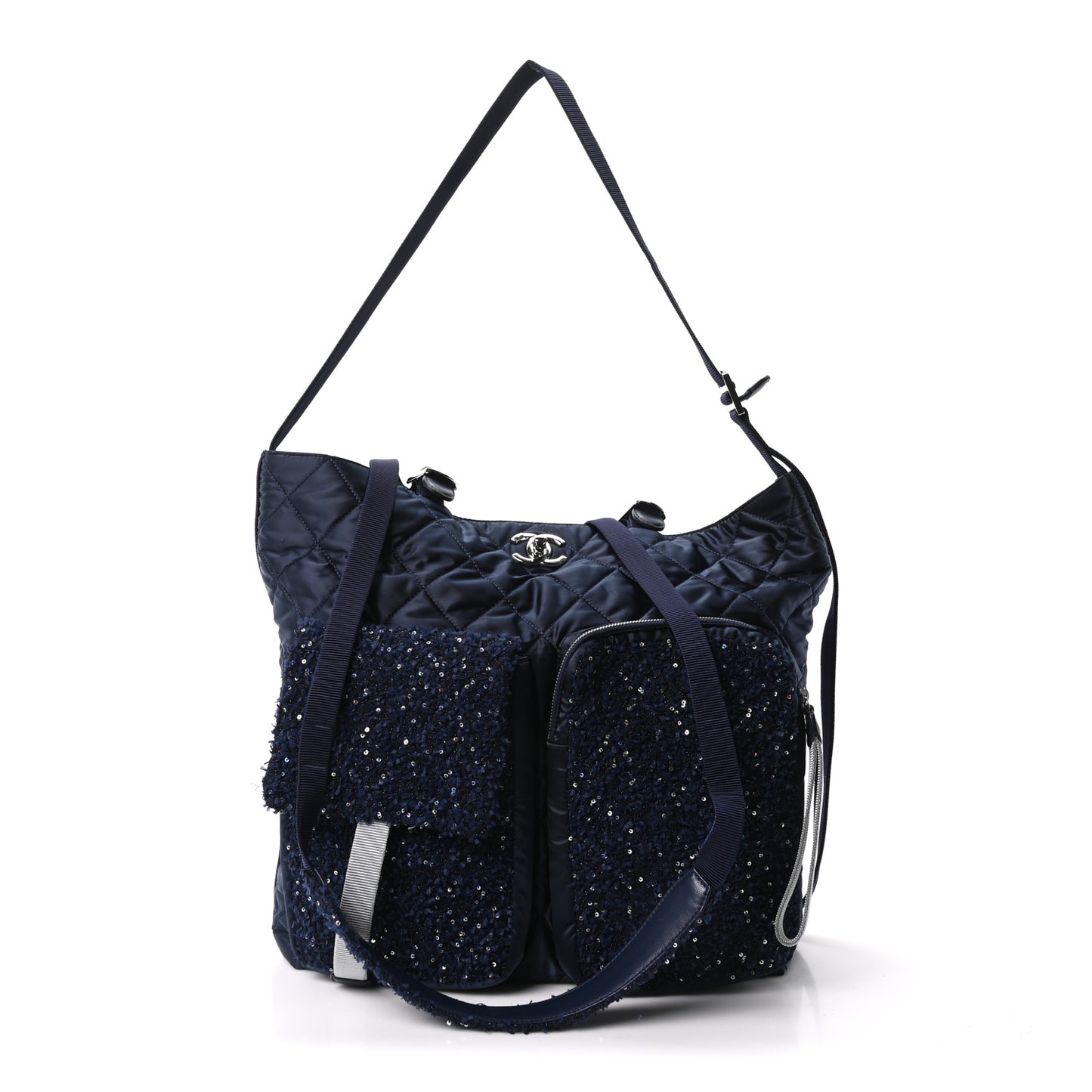 Tweed Sequin Nylon Quilted Astronaut Large Tote Navy