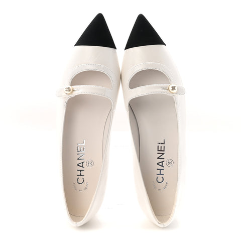 Shiny Lambskin Grosgrain Pearl Mary Janes Flats 37.5 White Black
