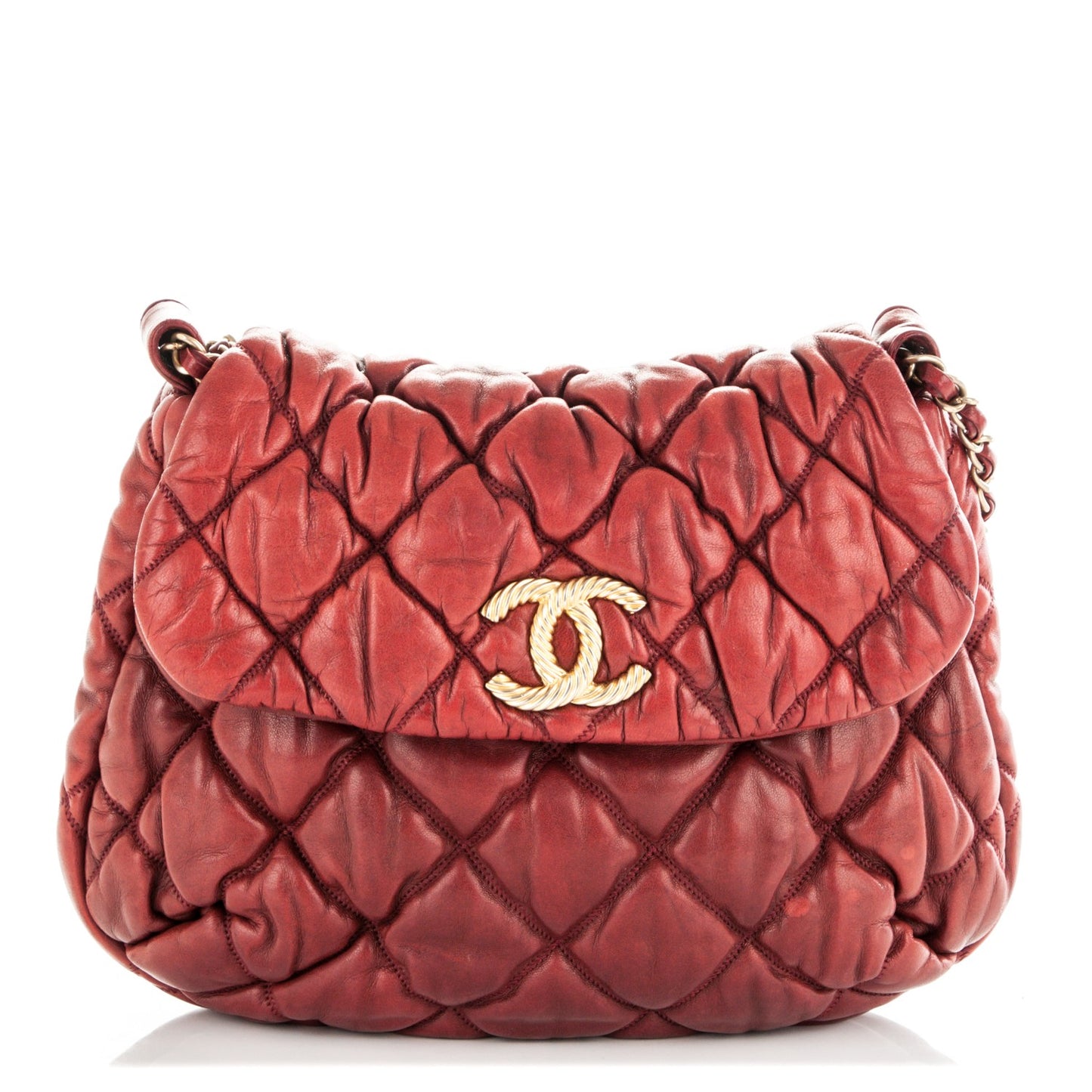 Lambskin Bubble Quilt Flap Bag Red