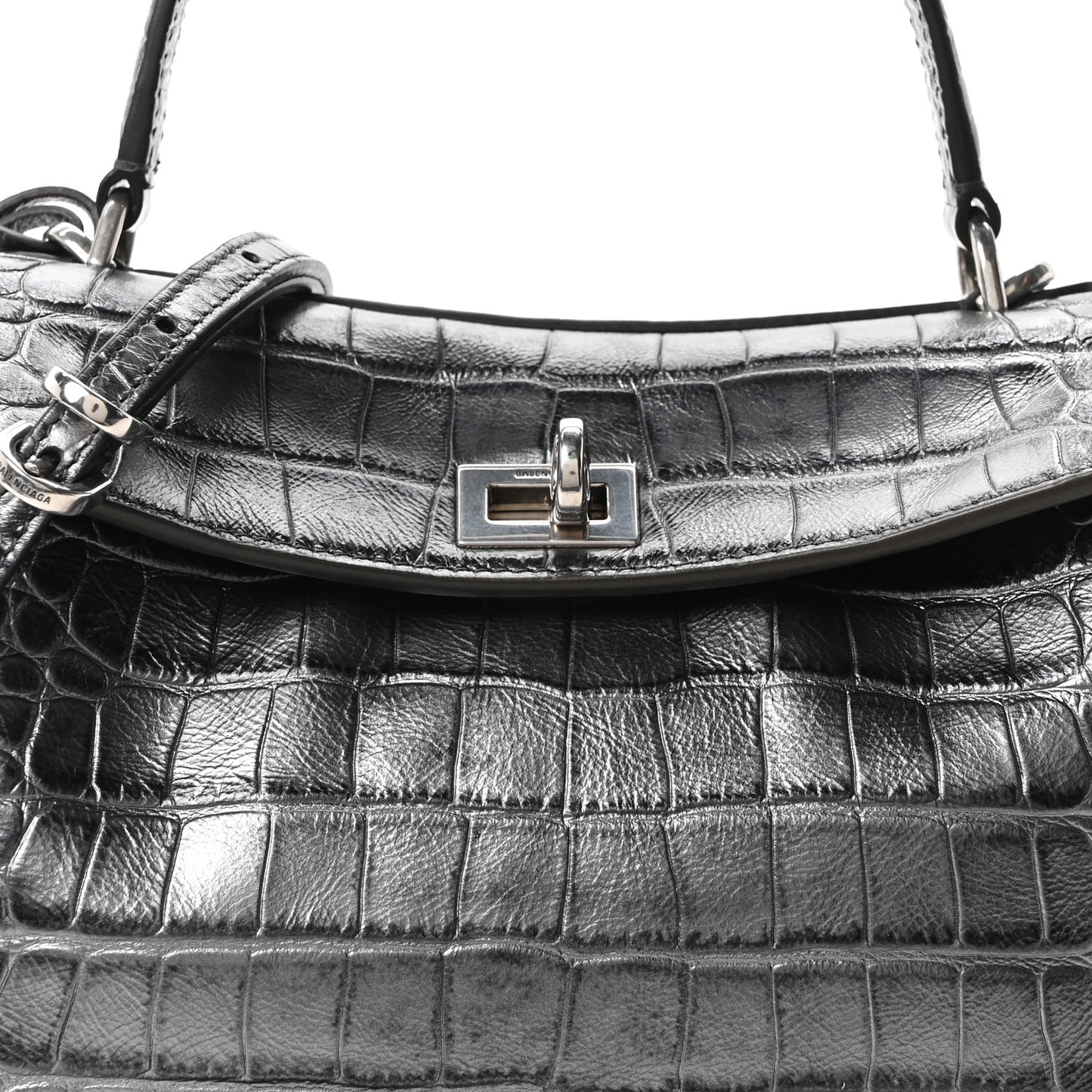 Metallized Calfskin Crocodile Embossed Mini Rodeo Top Handle Handbag Gunmetal