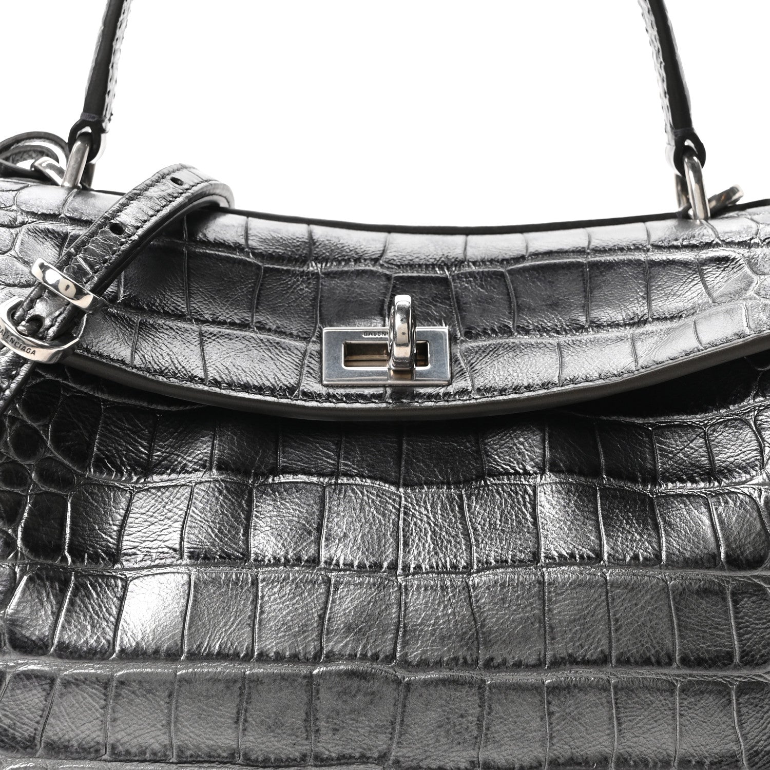Balenciaga Metallized Calfskin Crocodile Embossed Mini Rodeo Top Handle Handbag Gunmetal 8 of 10
