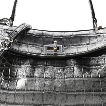 Balenciaga Metallized Calfskin Crocodile Embossed Mini Rodeo Top Handle Handbag Gunmetal 8 of 10