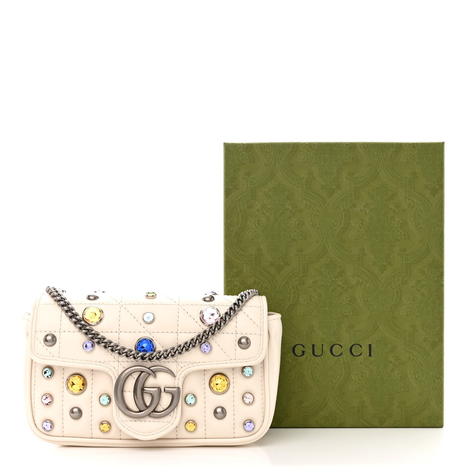 Gucci Calfskin Crystal Matelasse Aria Super Mini GG Marmont Shoulder Bag Mystic White Multicolor 11 of 11