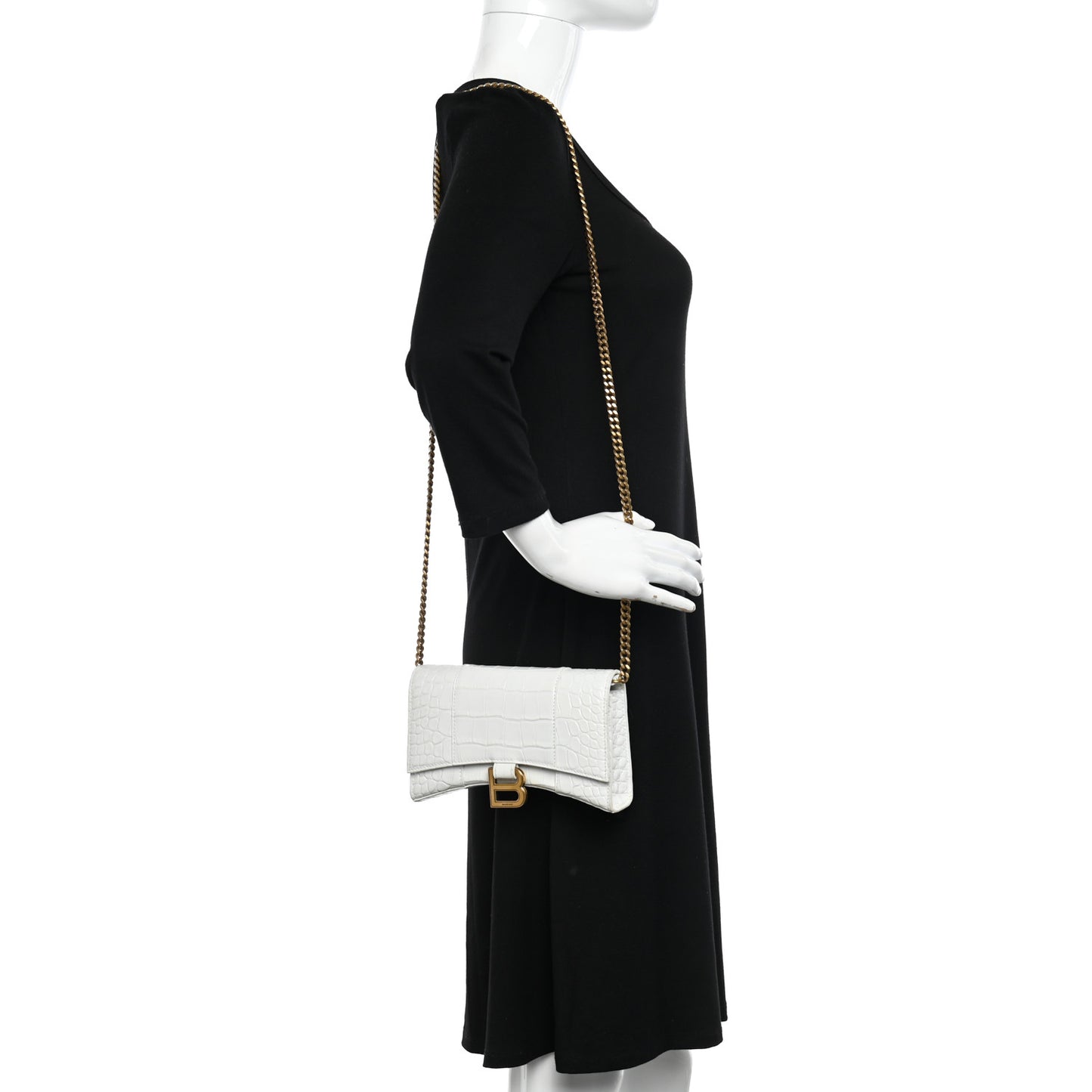 Shiny Calfskin Crocodile Embossed Hourglass Chain Bag White
