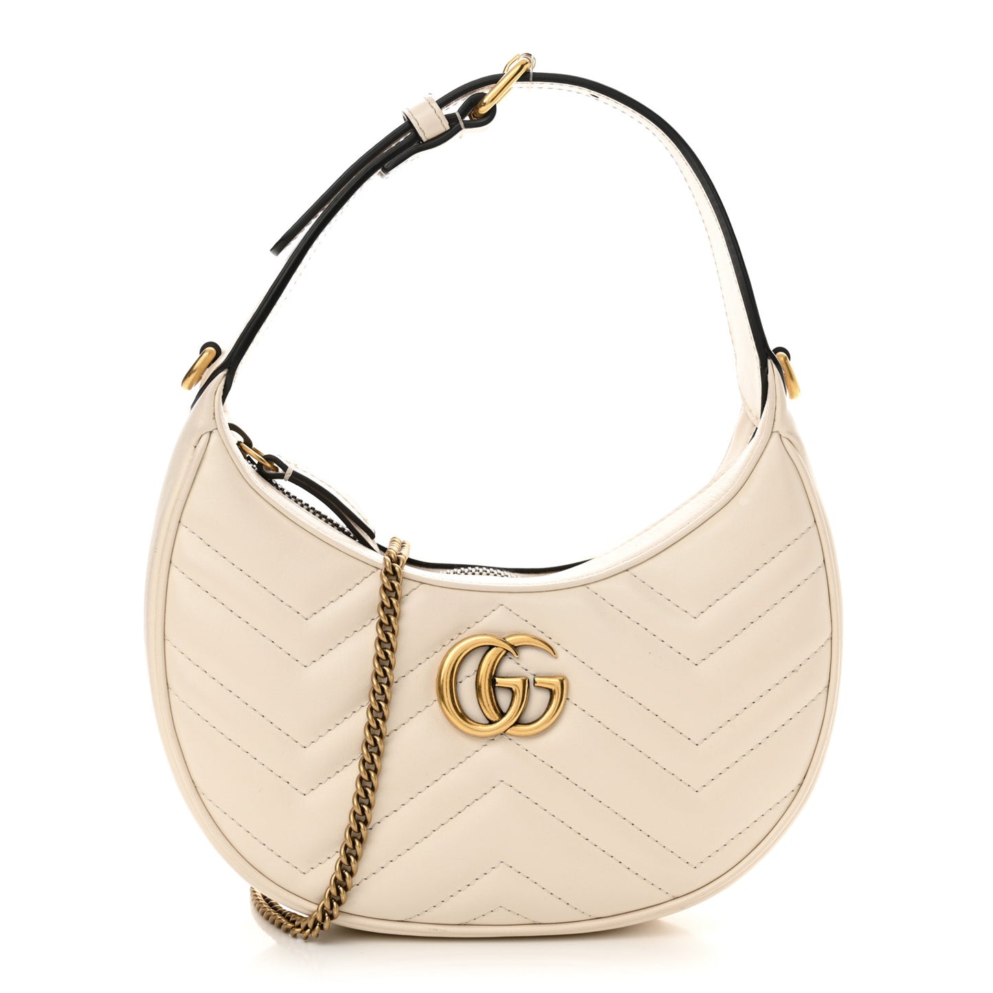 Calfskin Matelasse Chevron Mini GG Marmont Half Moon Hobo Mystic White