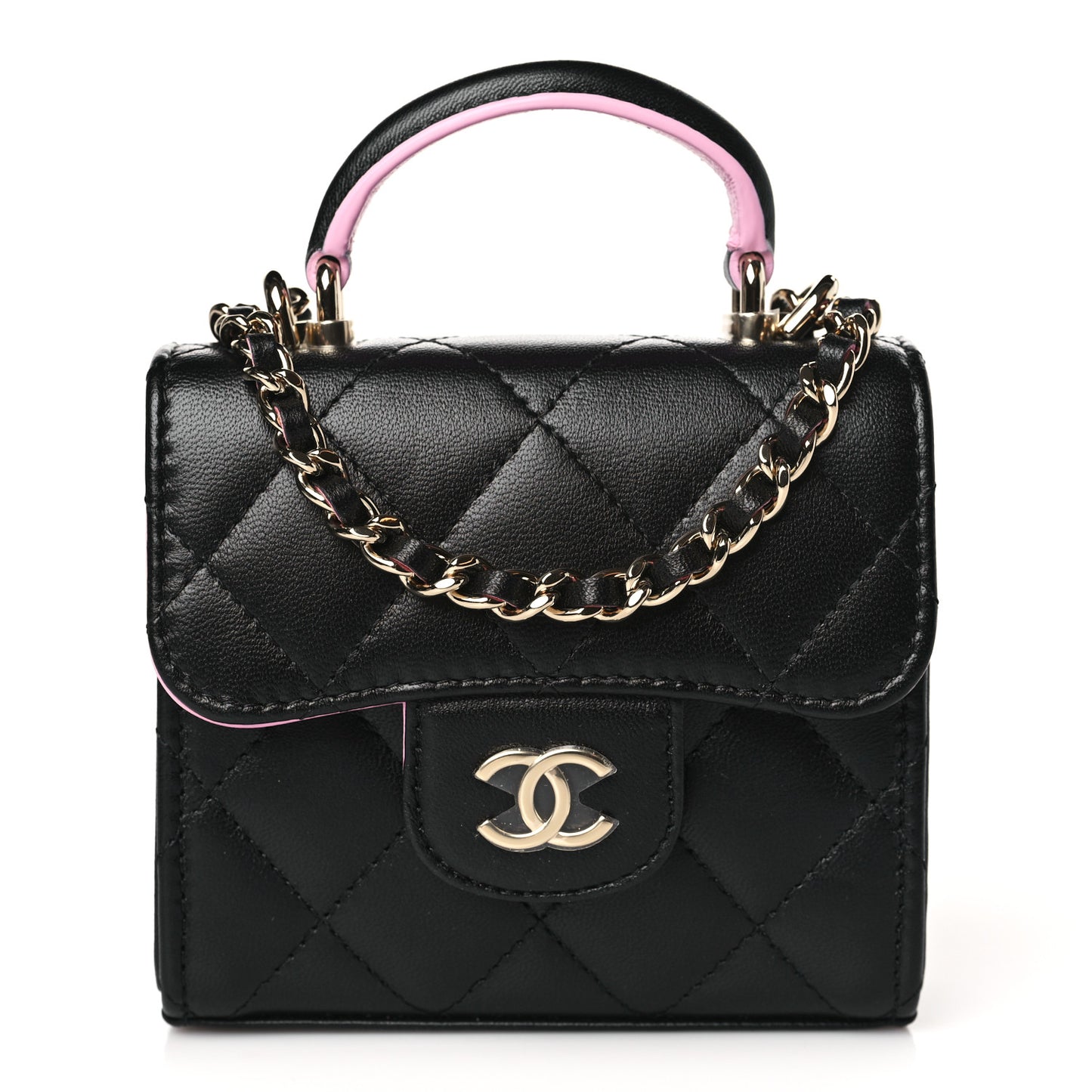 Lambskin Quilted Bi-Color Top Handle Clutch With Chain Black Pink