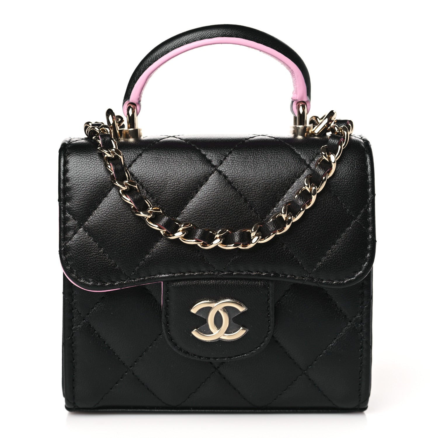 Chanel Lambskin Quilted Bi-Color Top Handle Clutch With Chain Black Pink 1 of 10