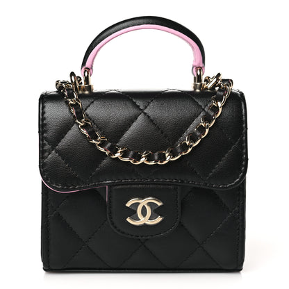 Chanel Lambskin Quilted Bi-Color Top Handle Clutch With Chain Black Pink 1 of 10
