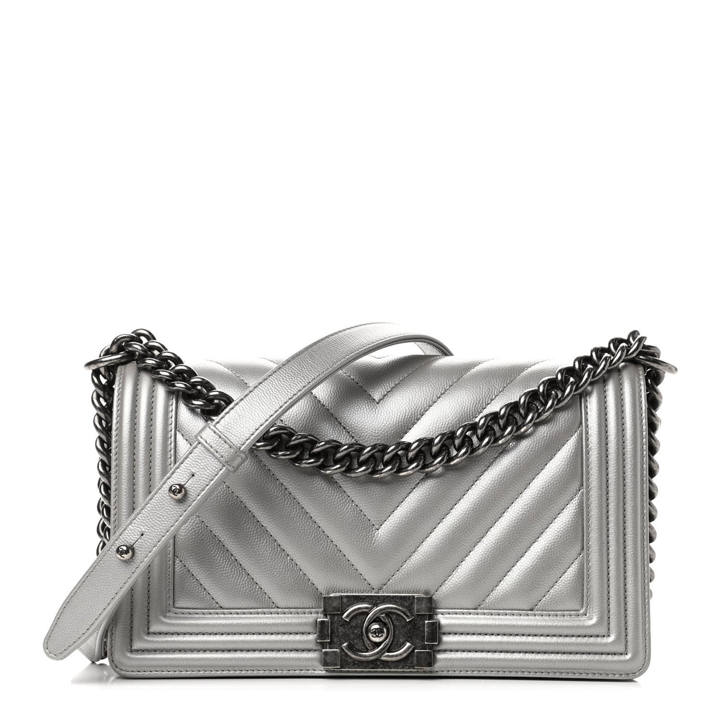 Metallic Caviar Chevron Quilted Medium Boy Flap Silver