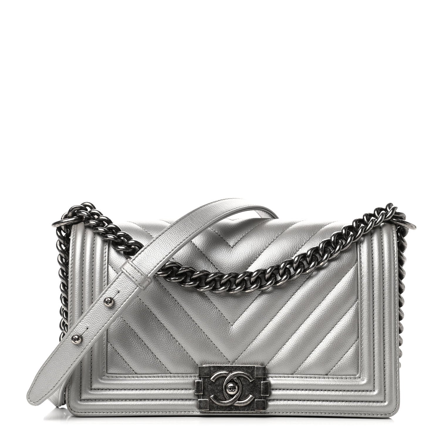 Chanel Metallic Caviar Chevron Quilted Medium Boy Flap Silver 1 of 4