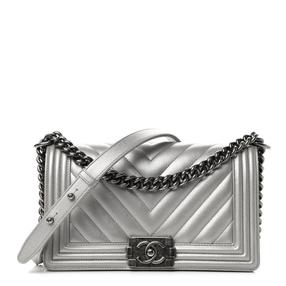 Chanel Metallic Caviar Chevron Quilted Medium Boy Flap Silver 1 of 4