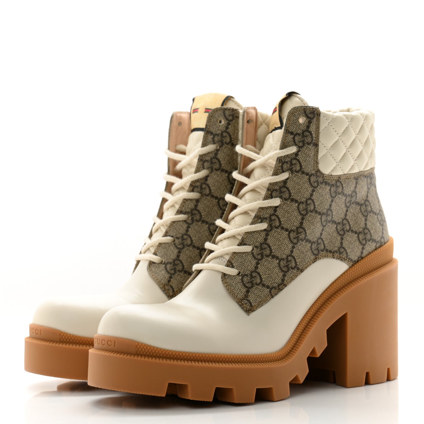 Calfskin GG Supreme Monogram Nappa Quilted Lace Up Ankle Boots 40.5 Mystic White Beige