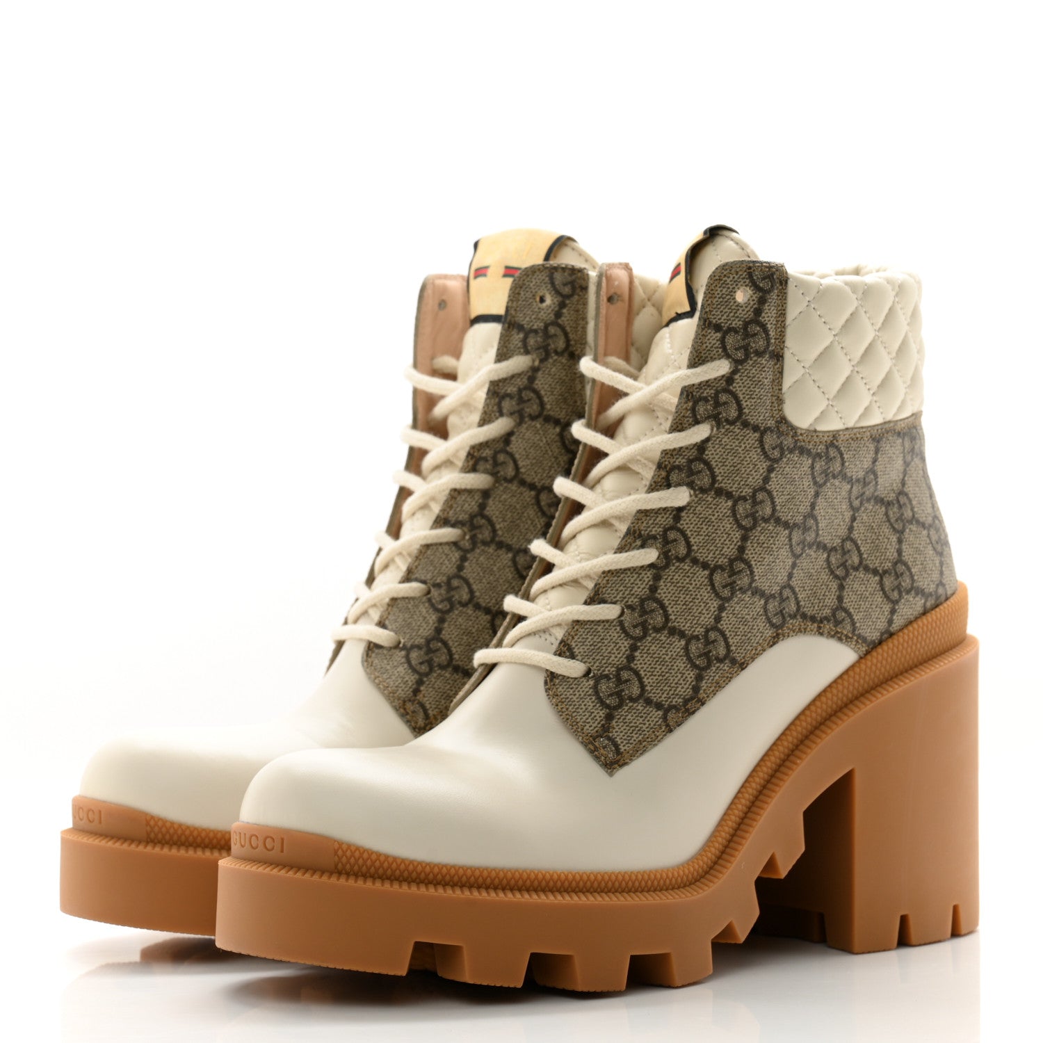 Gucci Calfskin GG Supreme Monogram Nappa Quilted Lace Up Ankle Boots 40.5 Mystic White Beige 3 of 10