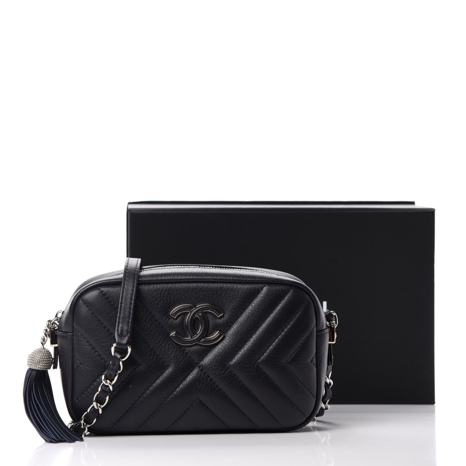 Chanel Calfskin Diagonal Chevron Quilted Tassel Camera Case Black 11 of 11