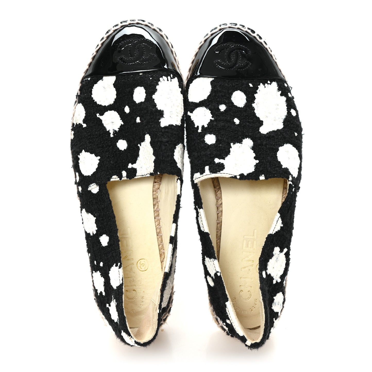 Patent Tweed Splatter Paint Print Cap Toe CC Espadrilles 36 Black White