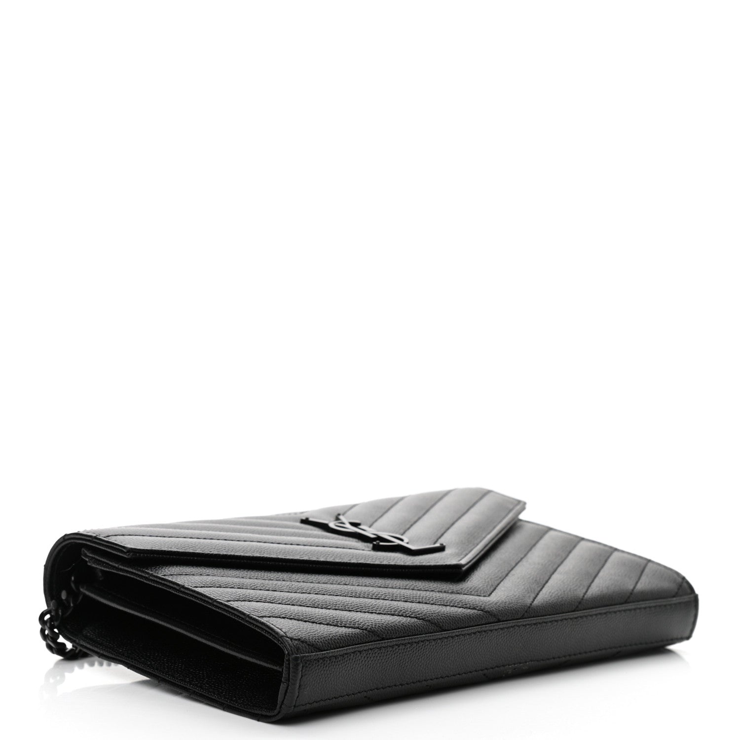 Saint Laurent Grain De Poudre Matelasse Chevron Monogram Chain Wallet Black 3 of 9