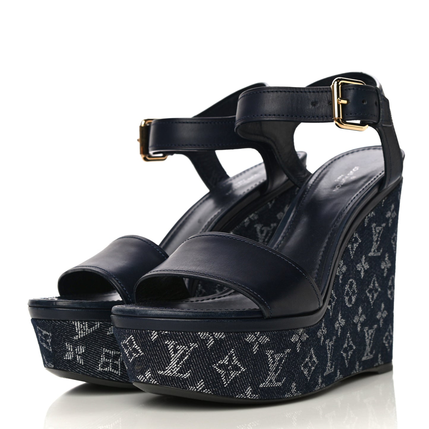 Calfskin Monogram Denim Waterfall Wedge Sandals 38 Blue