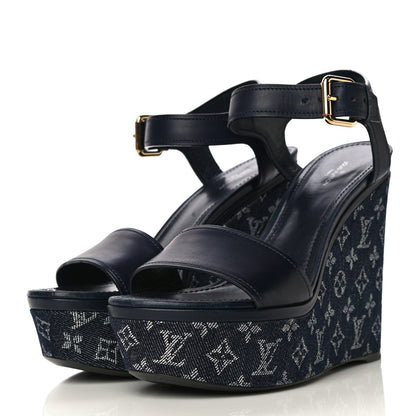 Louis Vuitton Calfskin Monogram Denim Waterfall Wedge Sandals 38 Blue 3 of 18