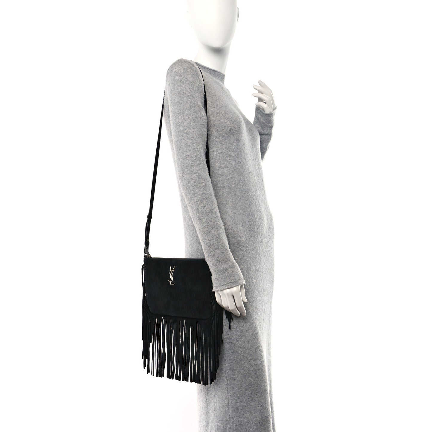 Suede Calfskin Small Fringe Crossbody Bag Black