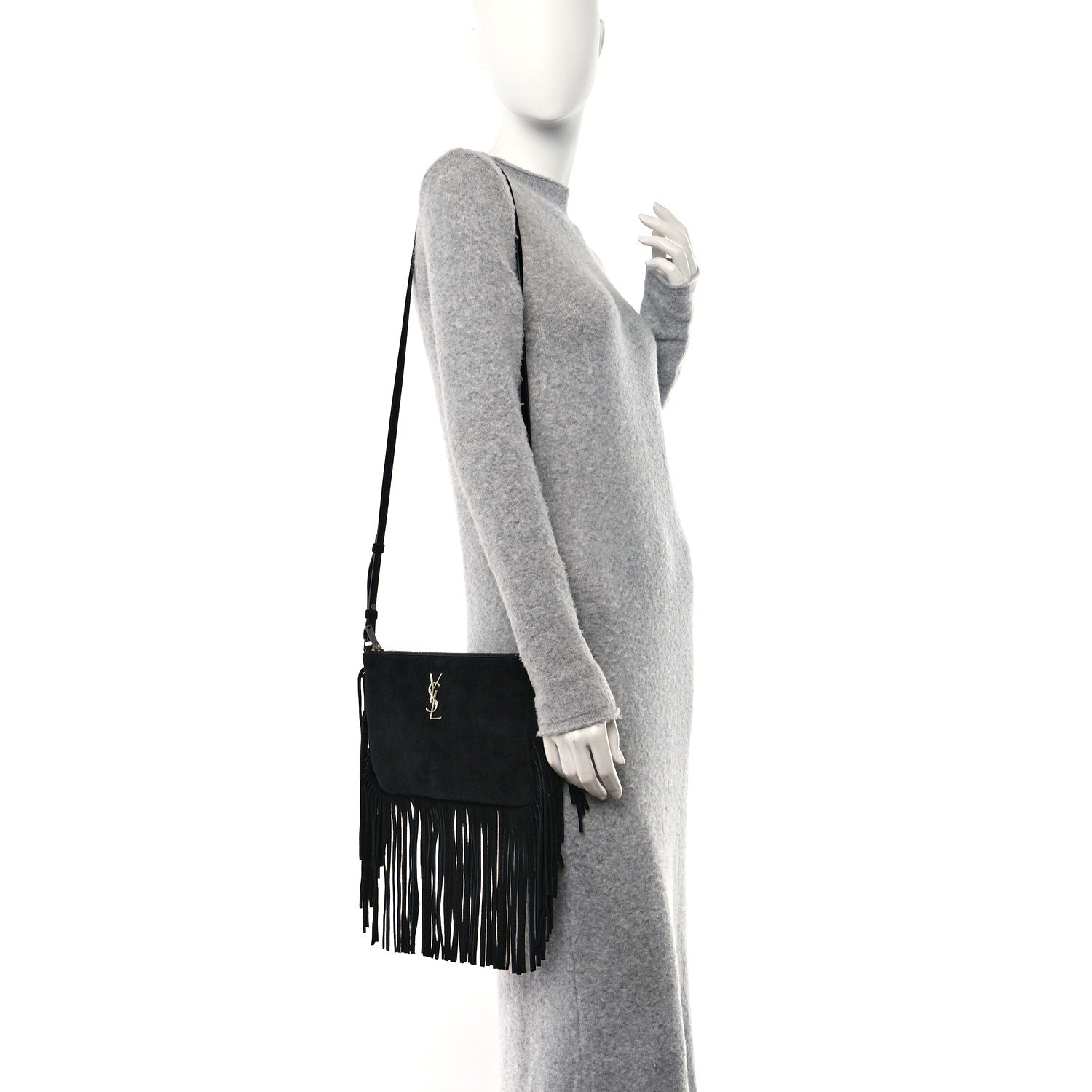 Saint Laurent Suede Calfskin Small Fringe Crossbody Bag Black 2 of 10