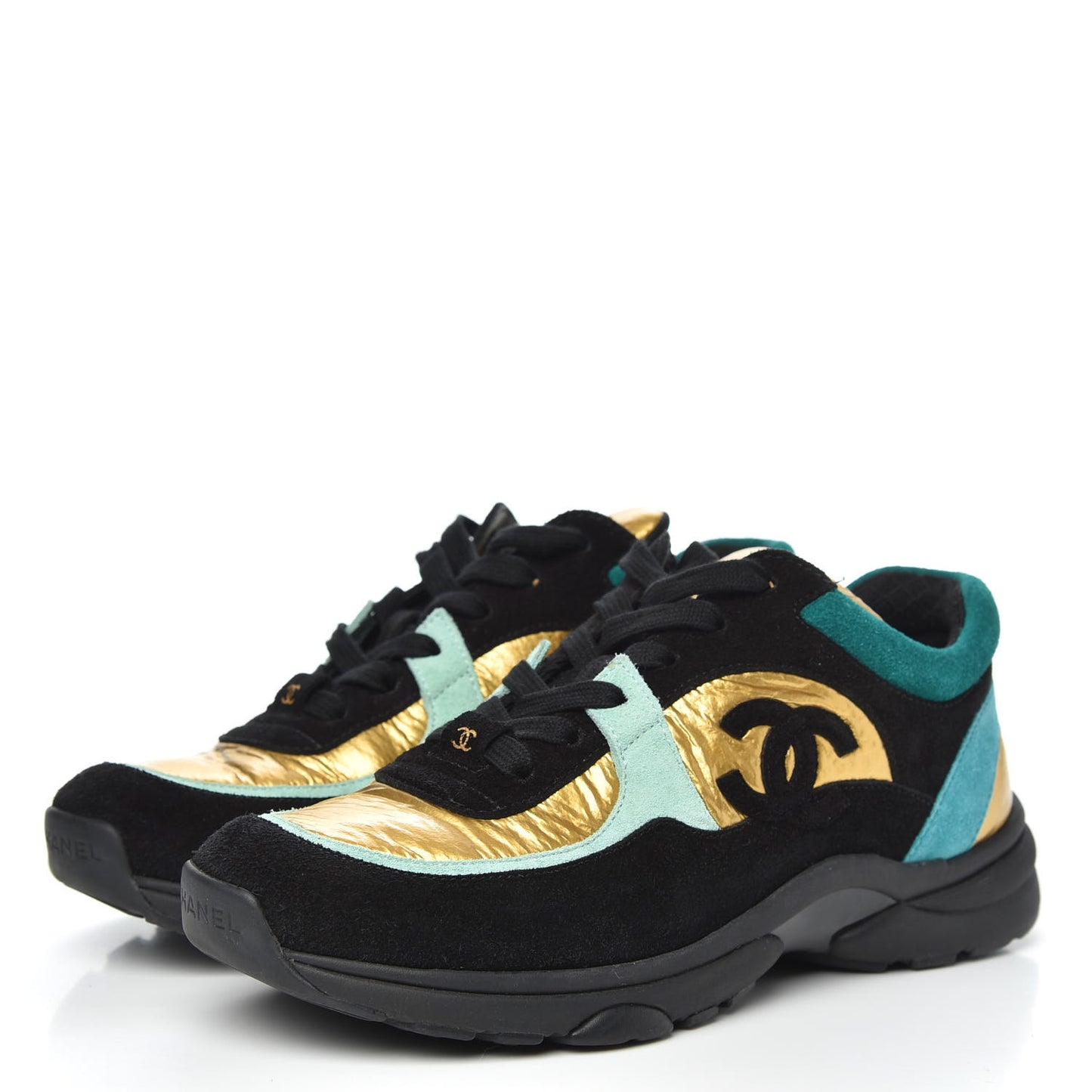 Fabric Calfskin Suede CC Womens Sneakers 37 Black Turquoise Gold
