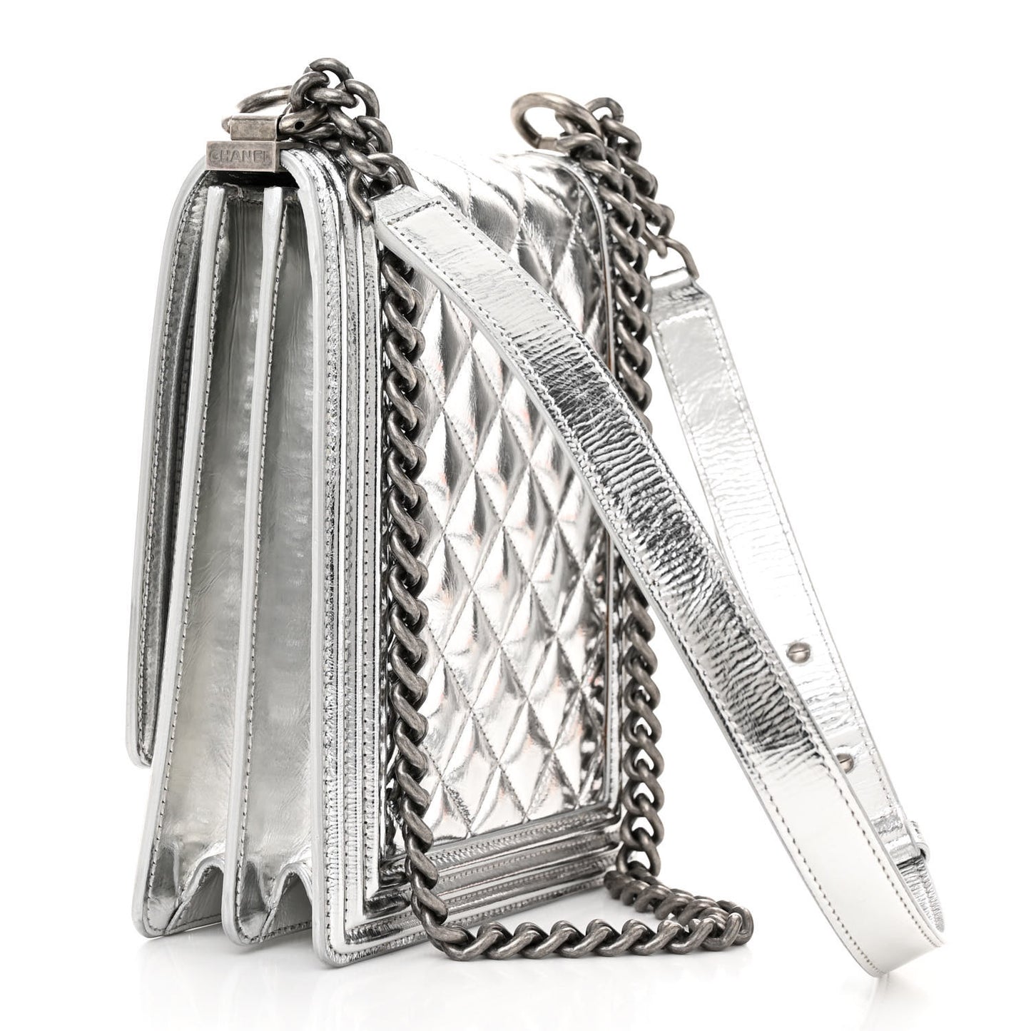 Metallic Goatskin Quilted North South Boy Flap Silver