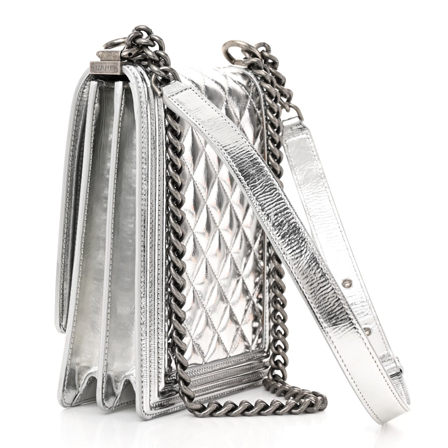 Chanel Metallic Goatskin Quilted North South Boy Flap Silver 4 of 10