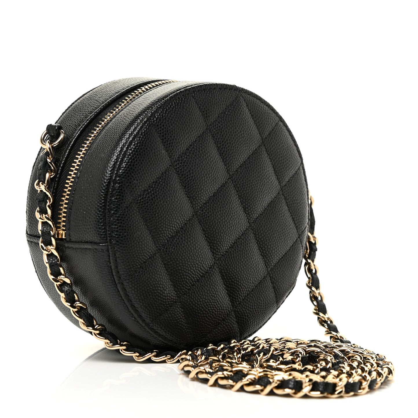 Caviar Quilted Round Clutch With Chain Black