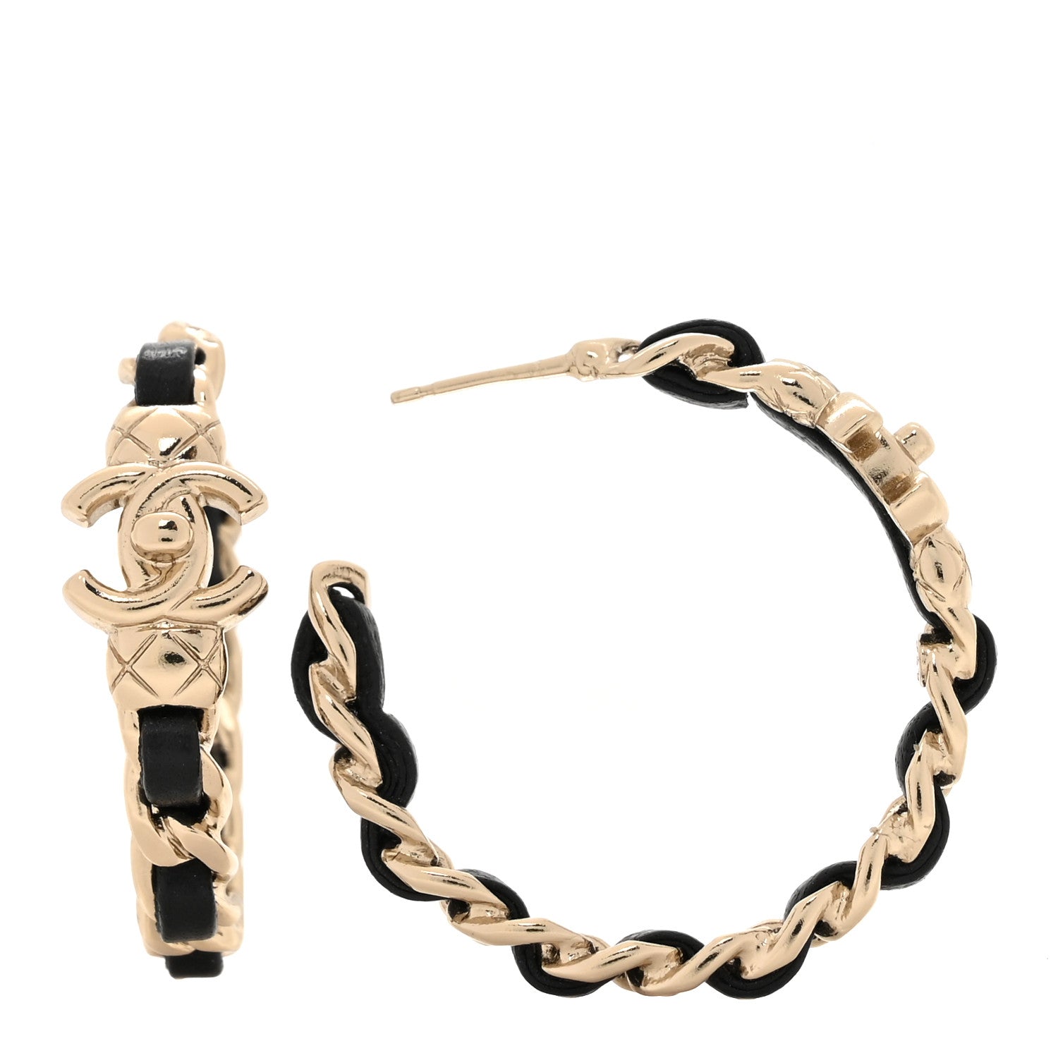 Chanel Lambskin CC Turnlock Chain Hoop Earrings Matte Gold Black 1 of 4