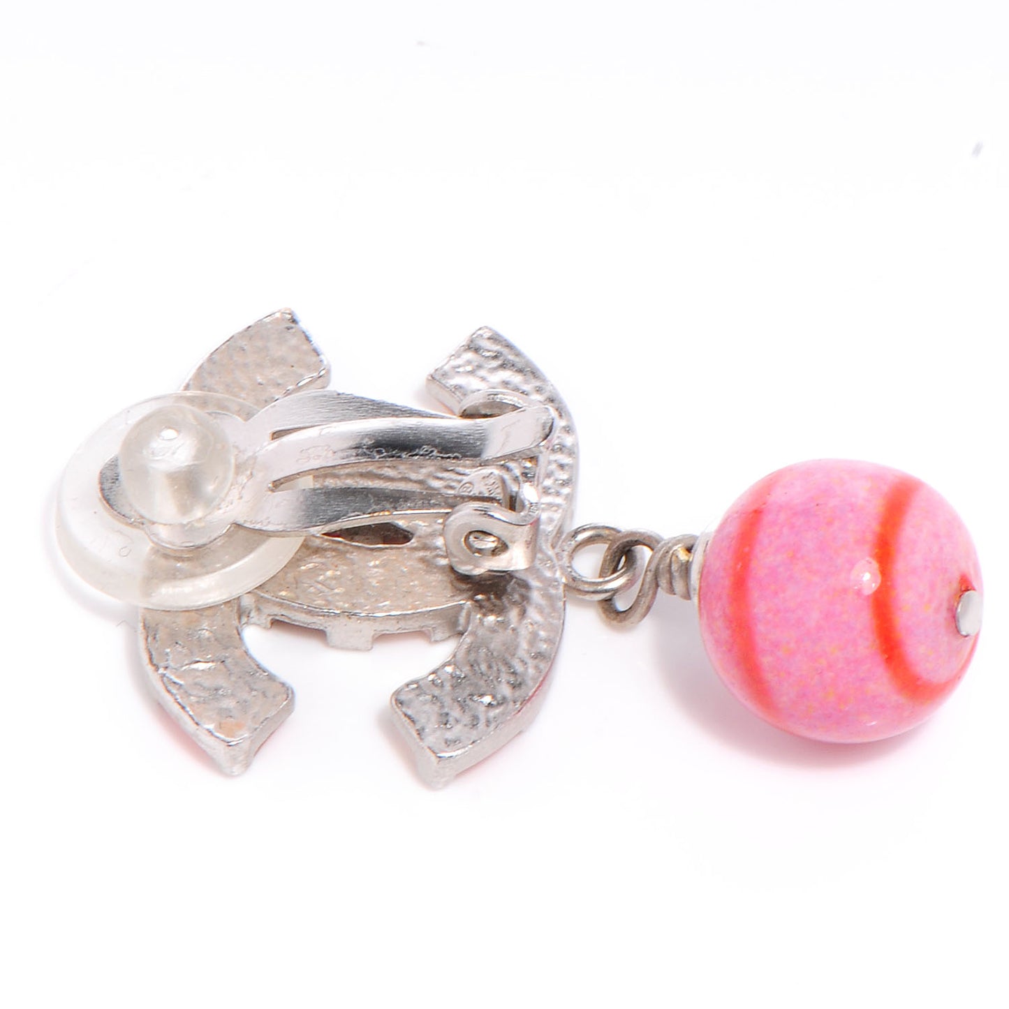 CC Enamel Striped Drop Clip On Earrings Pink Silver