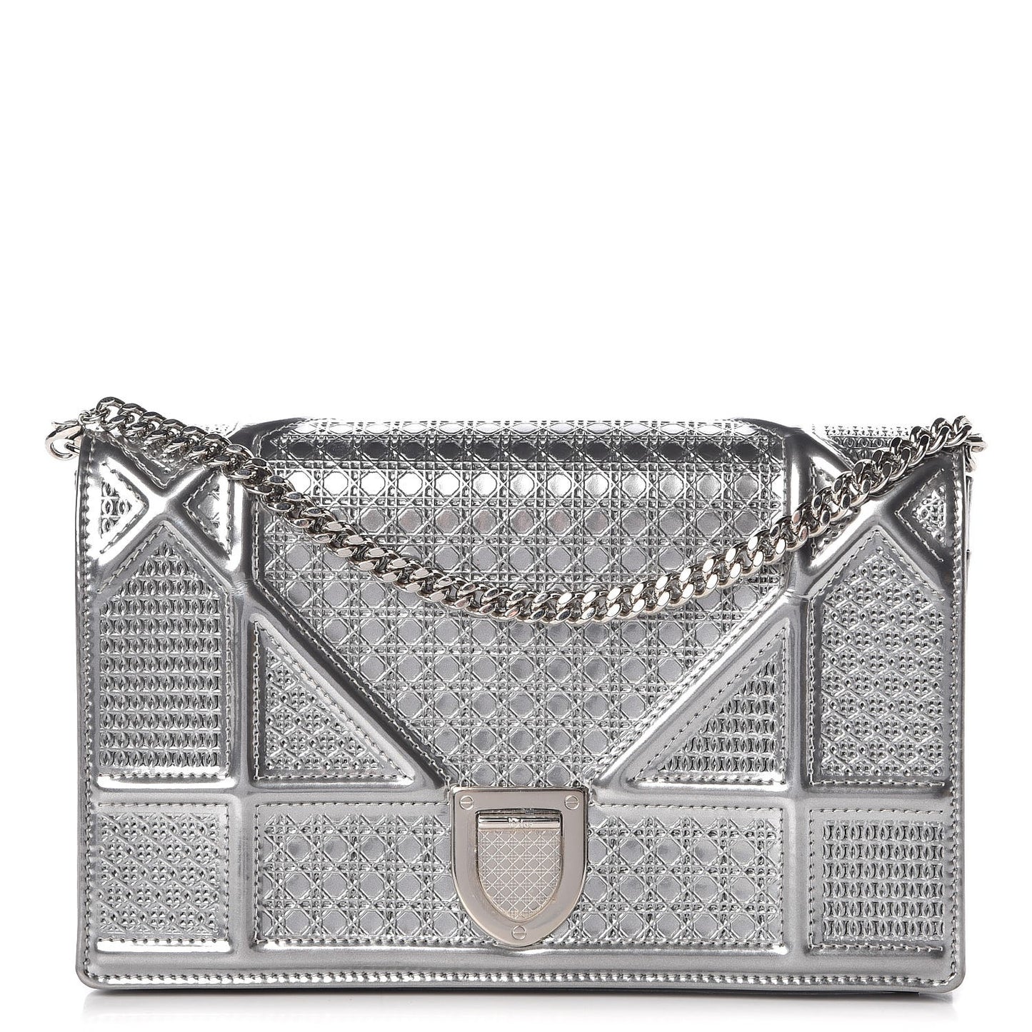Metallic Patent Micro-Cannage Diorama Wallet on Chain Pouch Silver