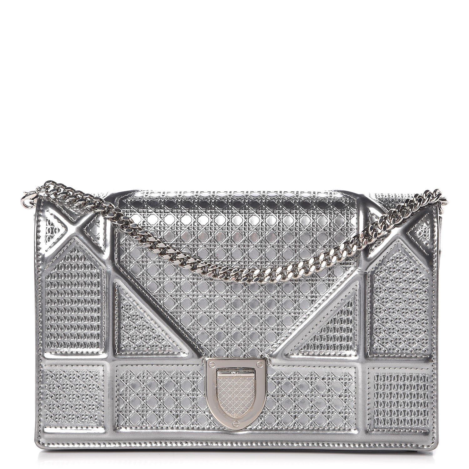 Christian Dior Metallic Patent Micro-Cannage Diorama Wallet on Chain Pouch Silver 1 of 8