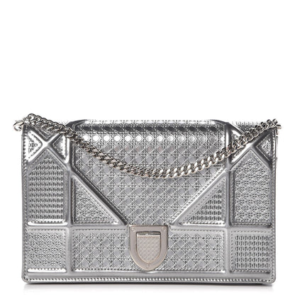 Christian Dior Metallic Patent Micro-Cannage Diorama Wallet on Chain Pouch Silver 1 of 8
