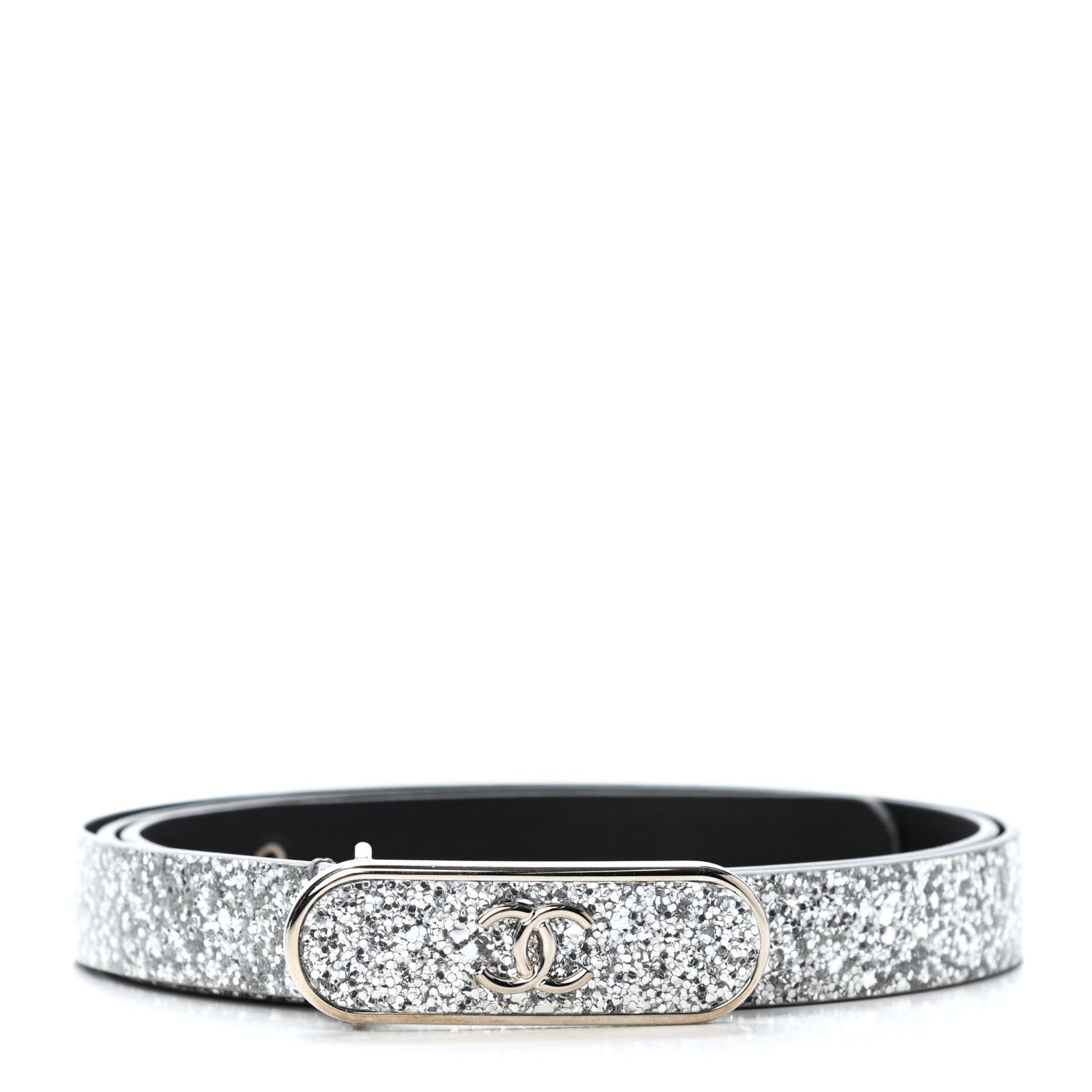 Chanel Glitter Calfskin CC Logo Skinny Belt 90 36 Silver 1 of 4