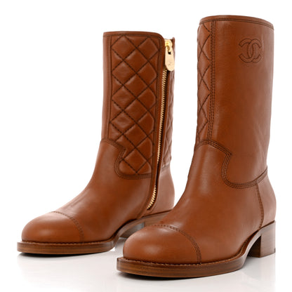 Chanel Calfskin CC Logo Mid Calf Boots 38 Caramel 3 of 10