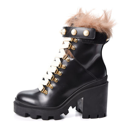 Gucci Magnum Calfskin Fur Pearl Lace Up Combat Ankle Boots 35 Black Naturale 1 of 8