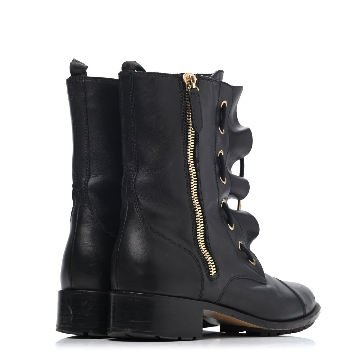 Valentino Garavani Calfskin Ruffle Combat Boots 38.5 Black 3 of 4