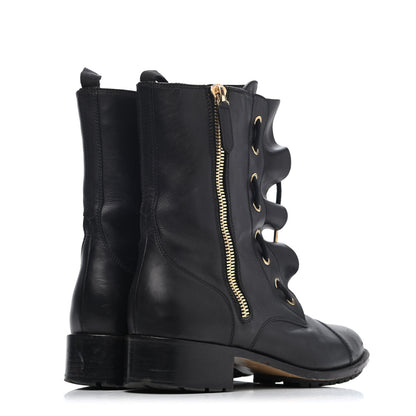 Valentino Garavani Calfskin Ruffle Combat Boots 38.5 Black 3 of 4