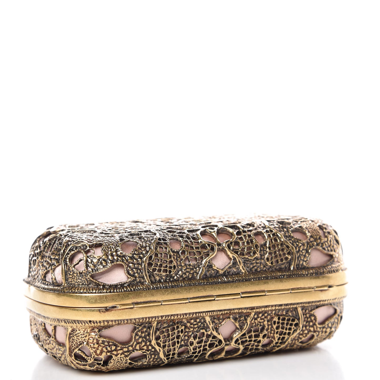 Metal Filigree Crystal Embellished Duchesse Skull Box Clutch Gold